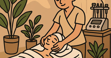 Professional esthetician performing a high-tech neck tightening and rejuvenating treatment on a client in a spa setting