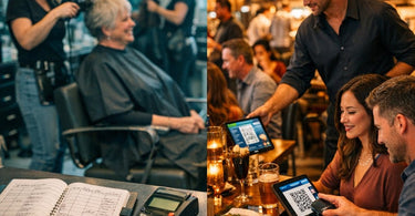 Cartoon illustration comparing a modern restaurant using tablets and AI to a traditional salon using paper appointment books and a rotary phone