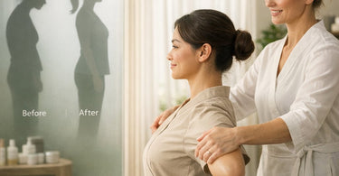 A massage therapist demonstrating a postural stretch in a spa treatment room, highlighting exercises to combat occupational hunching.