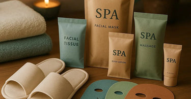 Assortment of disposable spa supplies including gloves, applicators, and liners neatly arranged