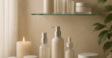 Professional skincare products arranged elegantly on a spa tray including serums, creams, and facial tools