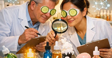 Close-up of various dropper bottles containing amber and clear Vitamin C serums, with citrus fruits and skincare leaves on a spa towel.