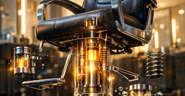 A detailed infographic showing the internal components of a salon chair hydraulic lift mechanism, labeling the gas cylinder, piston, lever, and common failure points for professional salon and spa owners.