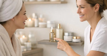 A compassionate esthetician in a spa gently consults with a smiling client, symbolizing trust and personalized care in a professional treatment room