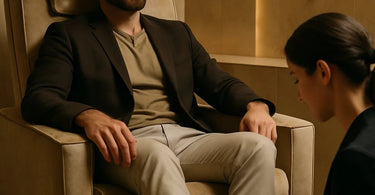 A man receiving a luxury pedicure in a modern spa setting, showcasing professional foot care tools and comfortable pedicure chair