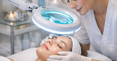 A professional esthetician using a magnifying lamp with blue LED light during a precise facial treatment on a client in a spa setting.