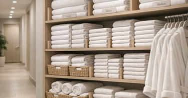 A beautifully organized spa linen closet with neatly stacked white towels on shelves, baskets of supplies, and spa products, representing efficiency and order.
