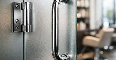 Close-up of elegant, modern black metal door handles and hinges on a white door, highlighting the importance of stylish and functional hardware in a salon or spa setting.