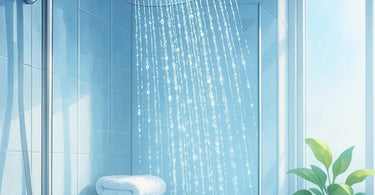 Aesthetician discussing skincare with a client, with a focus on water droplets on skin and a sleek showerhead in the background