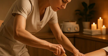 A waxing professional demonstrating proper ergonomic posture and body mechanics while performing a waxing service in a spa