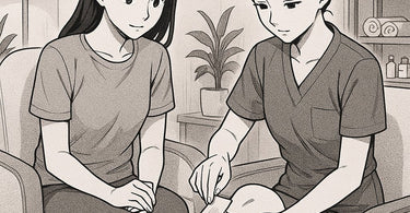 Two women in a spa setting, one comforting the other who is about to receive a waxing treatment, showcasing moral support.