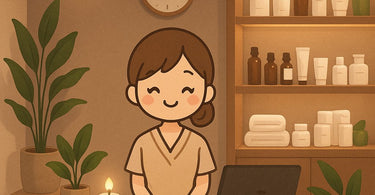 A serene spa treatment room with a tidy waxing setup, featuring a wax warmer, clean towels, and hygiene products, representing professional waxing etiquette.