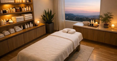 A relaxed massage therapist smiling while organizing her schedule book in a serene, well-organized spa treatment room