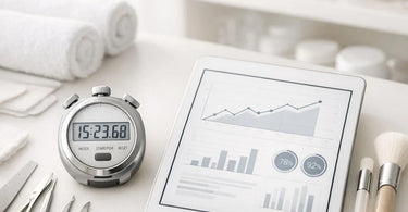 A close-up of a stopwatch on a spa treatment table next to a notebook and pen, symbolizing a time study for service profitability in a salon or spa.