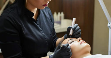 Professional esthetician applying eyelash tint to a client
