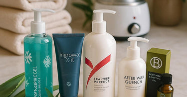 Assortment of professional post-wax care products including lotions, sprays, and oils for estheticians