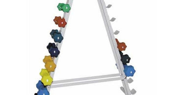 Ideal Products Tower Dumbbell Rack organized with weights in a spa or salon gym area