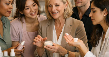 A stylist confidently discussing product recommendations with a smiling client in a modern salon setting