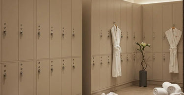 Stylish spa lockers in a modern treatment room with plush towels and wellness products