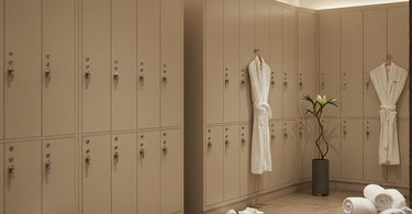 Stylish spa lockers in a modern treatment room with plush towels and wellness products