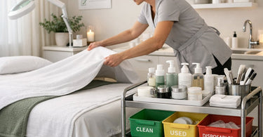Treatment room reset system with organized supplies, clean linens, and professional skincare products on a spa table.