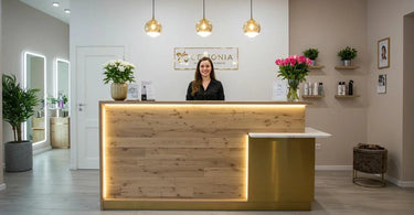 Modern salon reception desk design with minimalist aesthetic