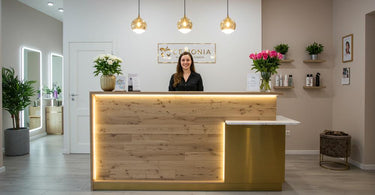 Modern salon reception desk design with minimalist aesthetic