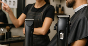 Professional hair clippers and trimmers laid out on a barber station
