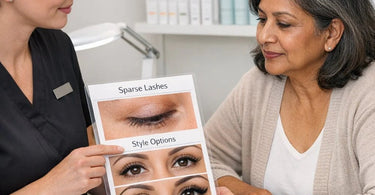 Before and after troubleshooting patchy results on mature client with sparse lashes using professional techniques and products from Pure Spa Direct