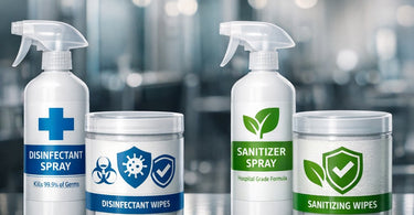 Close-up of a salon professional wearing gloves, correctly using an EPA-registered disinfectant spray on a salon work surface