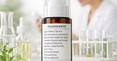 Close-up of a professional spa aesthetician analyzing the INCI ingredient label on a skincare serum bottle in a modern treatment room