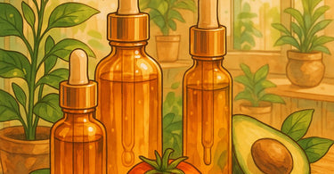 Upcycled beauty products like serums and creams made from food waste such as coffee grounds, fruit peels, and seeds, arranged beautifully on a spa tray