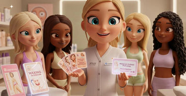 Smiling esthetician discussing waxing package options with client in spa setting