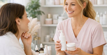Esthetician recommending retail skincare products to client in a bright, modern spa treatment room - Upselling Without the Pressure blog guide