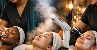 A professional esthetician performing a customized facial steaming treatment on a client in a serene spa setting
