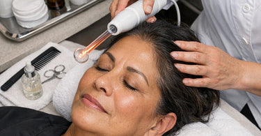 High frequency wand comb attachment being used on scalp for hair growth and dandruff treatment in a professional salon
