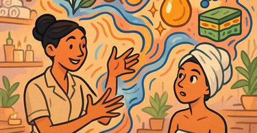 Esthetician explaining ingredient science to a client during a facial treatment