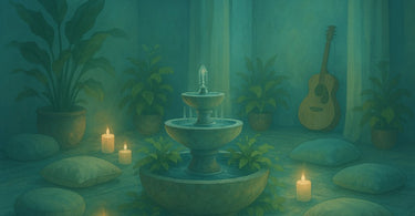 Sound healing instruments including singing bowls and tuning forks arranged spa treatment setting