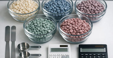 A close-up image of colorful hard wax beads and professional waxing supplies on a clean, modern studio counter, illustrating a studio math guide for wholesale buyers.