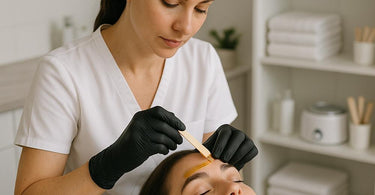 Professional waxing setup with wax warmer, spatulas, and post-wax products for salon hair removal
