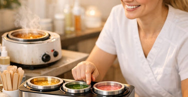 A collage of professional wax warmers on a salon counter, with icons highlighting capacity, a thermostat dial, and warning symbols for failure signs, illustrating the wax warmer buying guide.