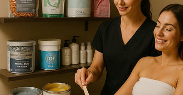 Professional waxing products and tools arranged neatly for spa use