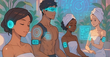 Spa professional consulting with client about wearable technology data during treatment consultation