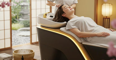 A serene Japanese head spa treatment in progress, showcasing a client receiving a relaxing scalp massage.