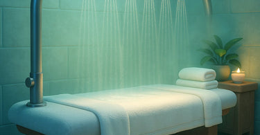 A relaxing table shower treatment in a modern spa setting, with warm water flowing over a client on a waterproof massage table