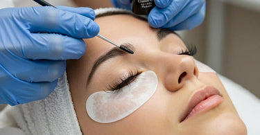 Before and after comparison of lash lift and tint treatment showing enhanced eyelash curl and color