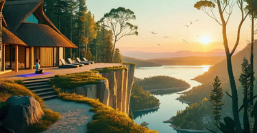 A serene spa setting overlooking a tranquil landscape, symbolizing the fusion of travel and wellness.