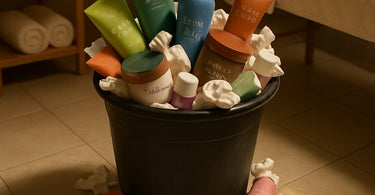 Overflowing salon trash can filled with color tubes, wax containers, and used applicators revealing costly wasteful practices