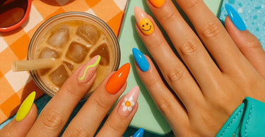 Trendy summer almond nail designs featuring vibrant colors, glitter, and abstract art