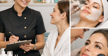 A professional esthetician performing a skin analysis on a client in a serene spa setting, using a magnifying lamp to examine the skin closely.